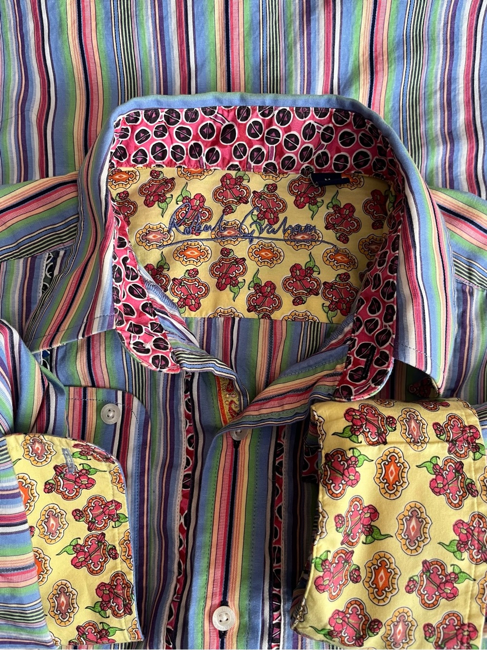 Robert Graham Multi-Stripe Button-Down Shirt with Yellow Floral Trim